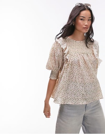 ditsy floral embroidered smock top in blush