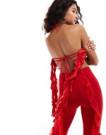 halter neck frill detail rose top co-ord in red