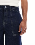unisex long length denim jorts with contrast stitching in rinse wash blue