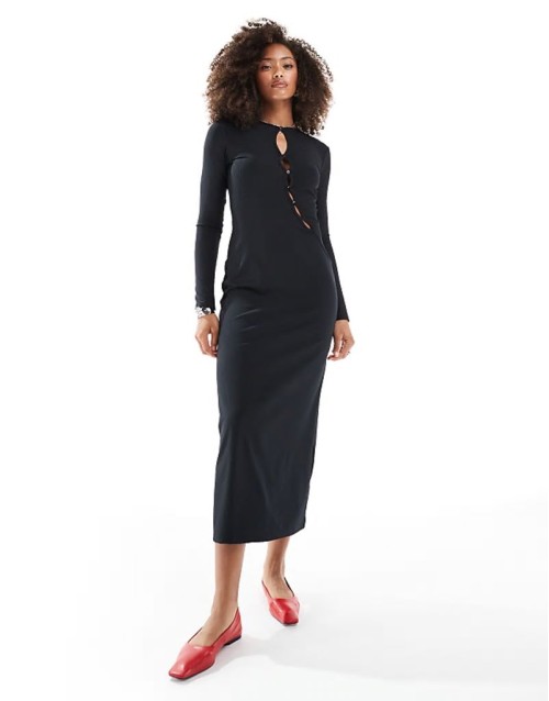ribbed midi dress with cutout button detail in black