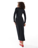 ribbed midi dress with cutout button detail in black